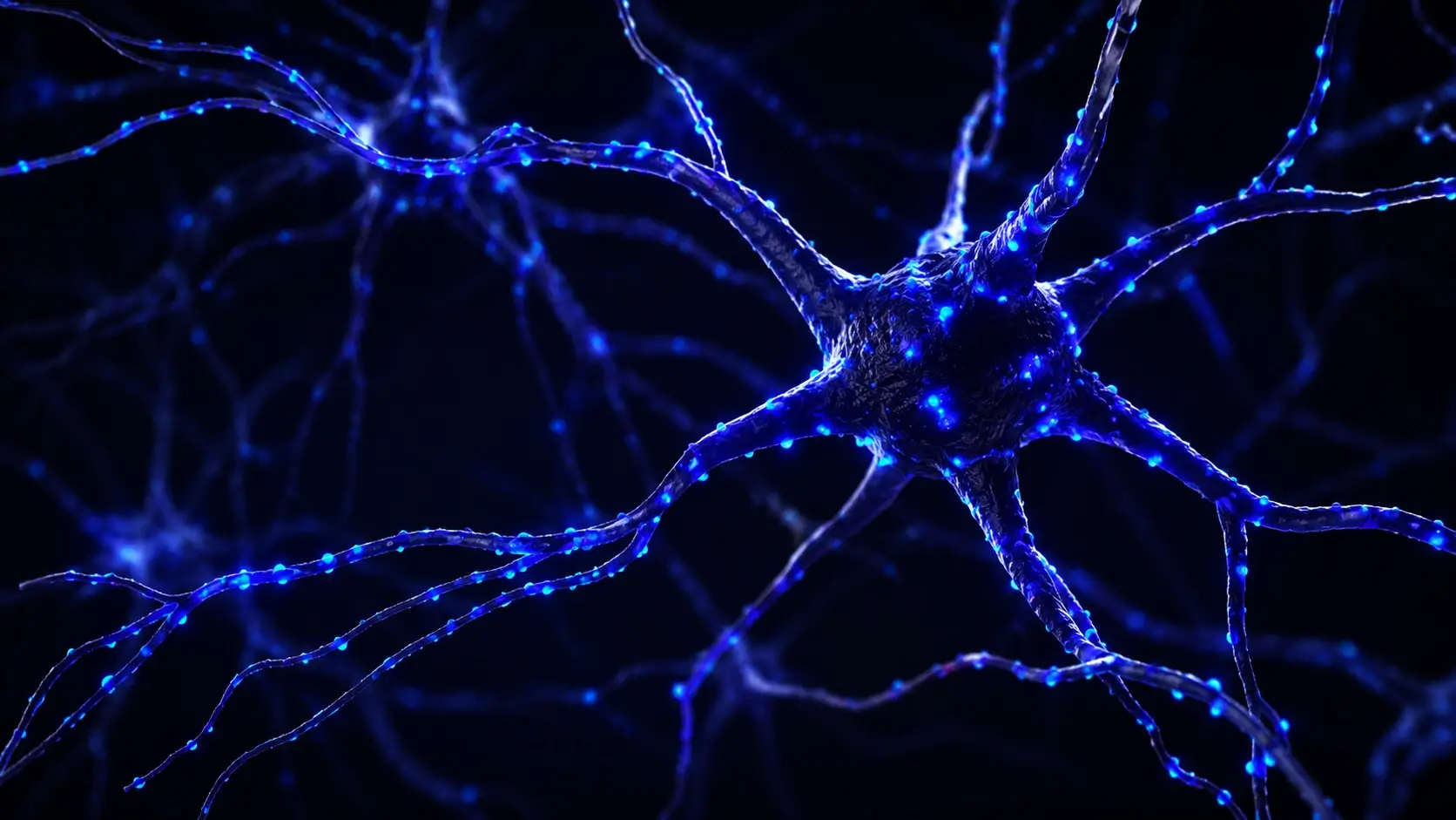 3D rendering of a brain neuron firing with bright blue electrical impulses.