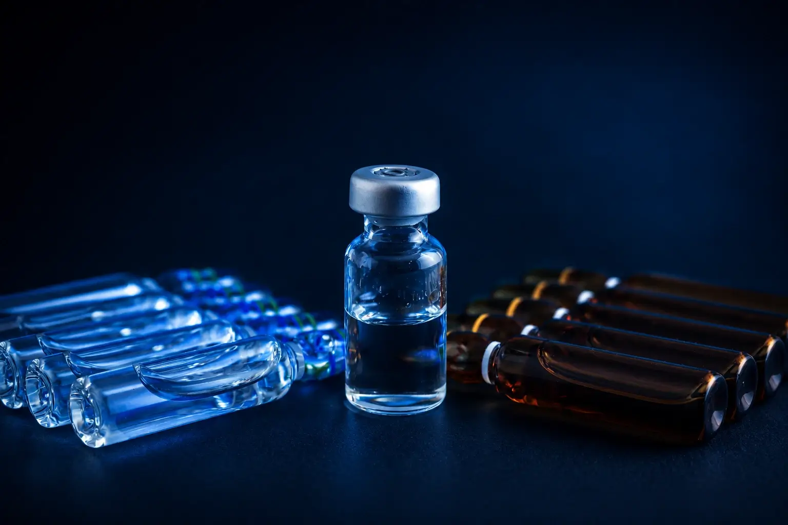 Glass vial of clear peptide solution standing upright, flanked by clear and amber glass ampoules on a dark background.