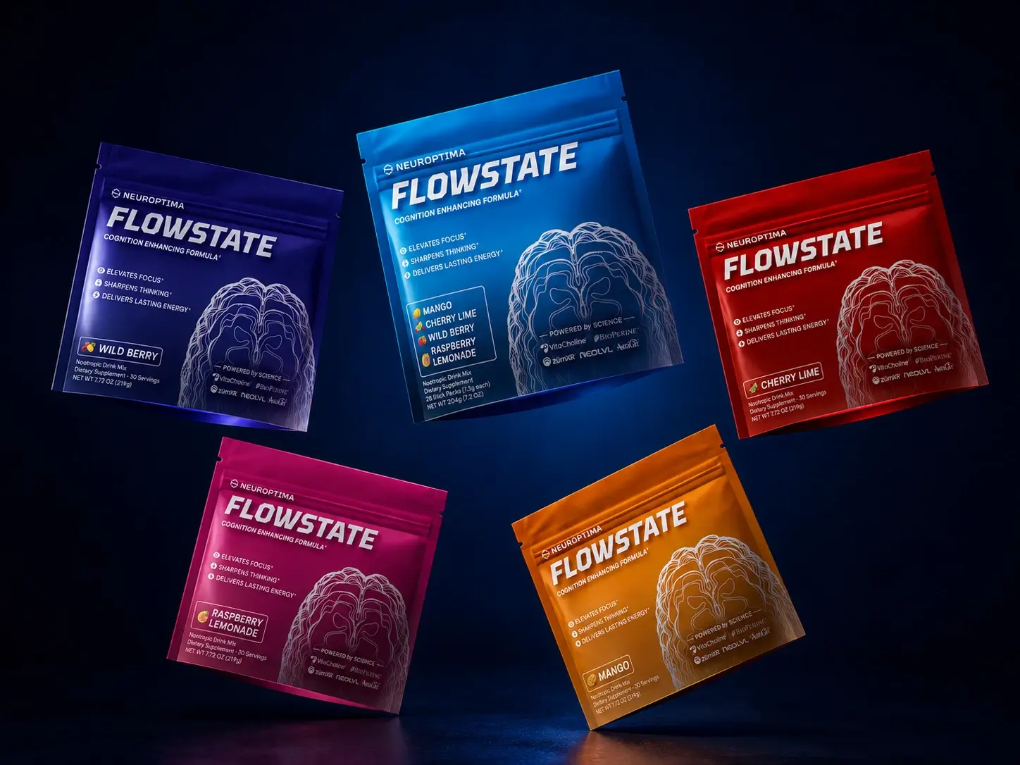 "A collection of five Neuroptima Flowstate cognition enhancing formula pouches in purple, blue, red, pink, and orange, featuring flavors like Wild Berry and Mango.