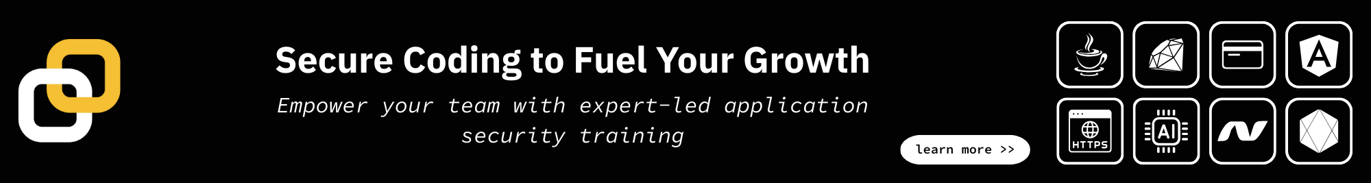 Banner with linked chain logo, bold text 'Secure Coding to Fuel Your Growth', italic text 'Empower your team with expert-led application security training', and icons representing different programming languages.