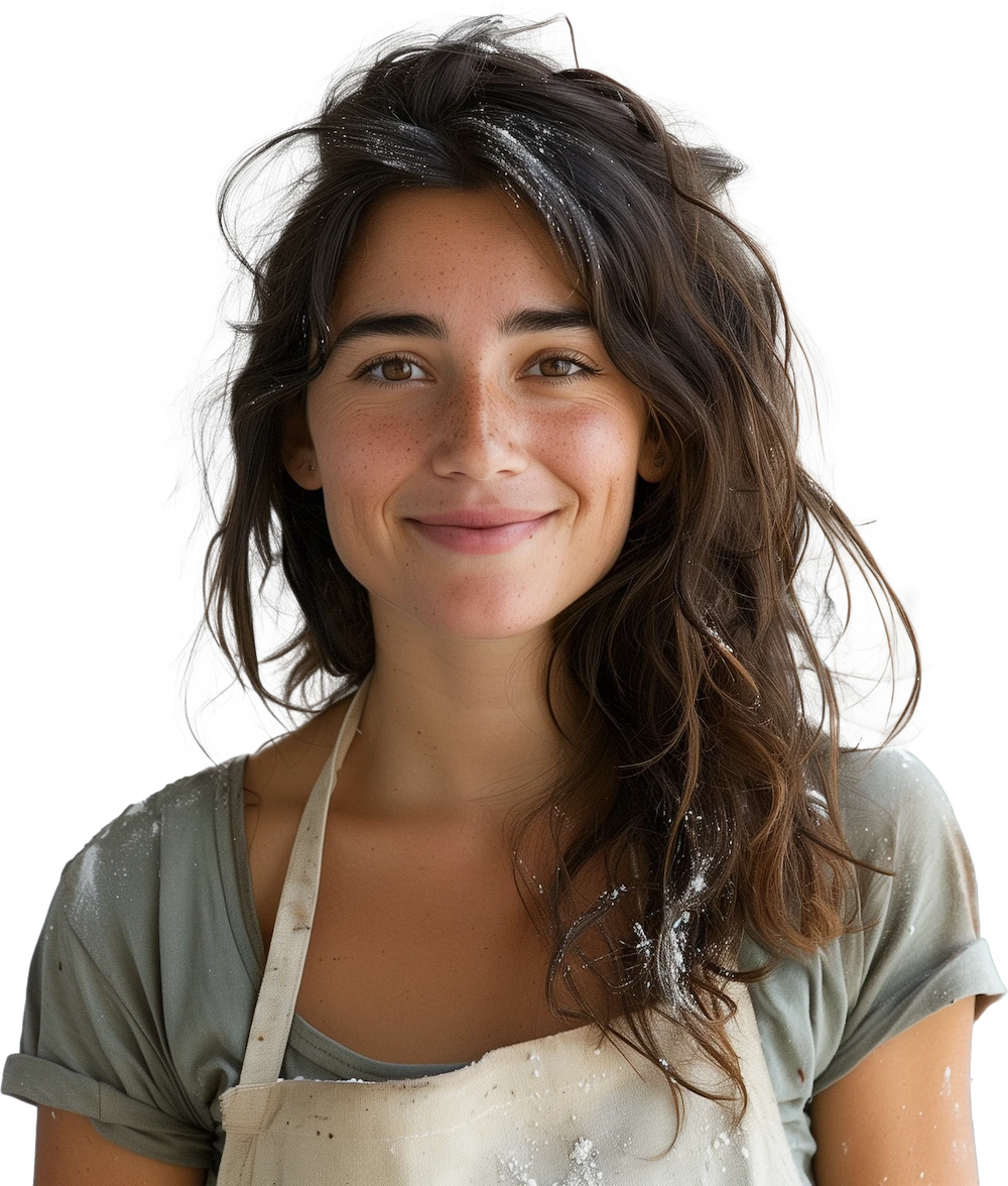 Smilende ung kvinne med brunt hår som er selvstendig næringsdrivende med eget bakeri