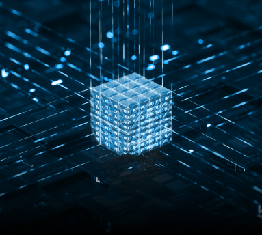 Glowing translucent blue cube with a grid pattern suspended above a dark digital circuit board with radiating light lines.