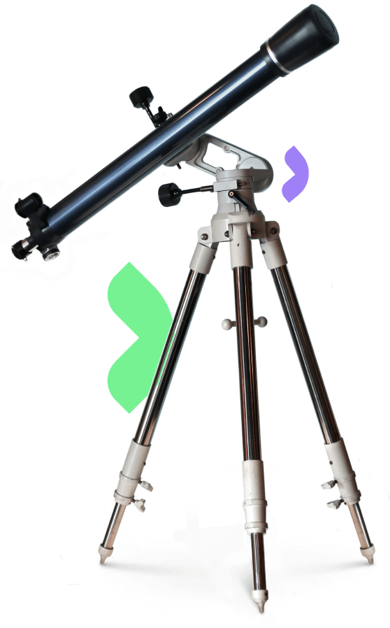 Sleek telescope on a tripod surrounded by colorful abstract shapes, symbolizing exploration, discovery, and forward-thinking opportunities at Tomorrow University.