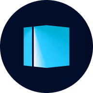 Blue 3D cube with a gradient on a dark circular background.