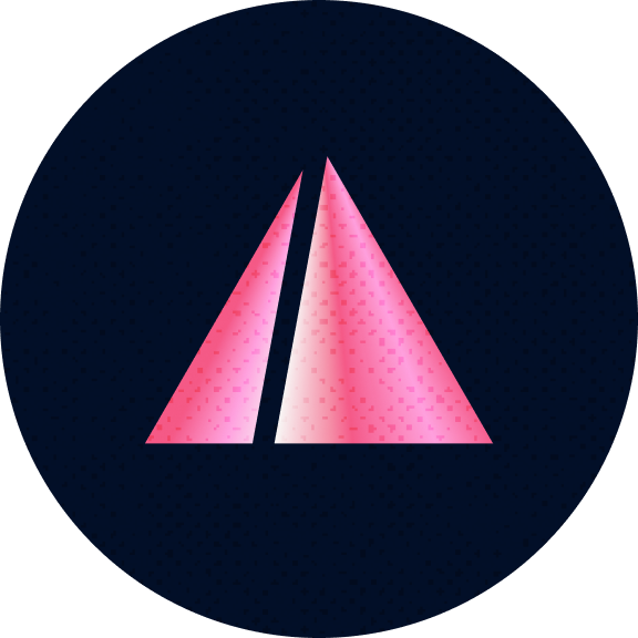 Logo with two pink gradient sail shapes on a dark blue circular background.