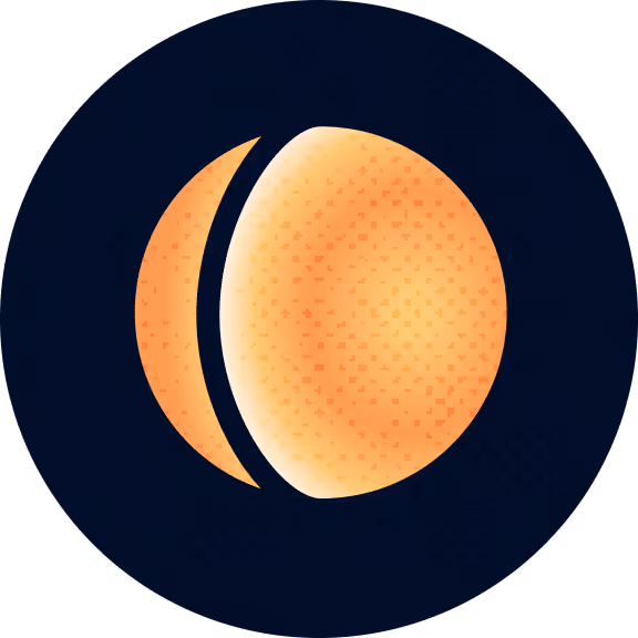 Illustration of an orange sphere with a crescent-shaped shadow on a dark blue circular background.