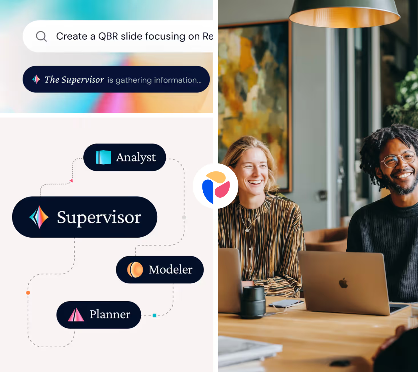 Split image with a flowchart of roles: Supervisor central with Analyst, Modeler, and Planner around it on the left, and two smiling people working on laptops in a modern office on the right.
