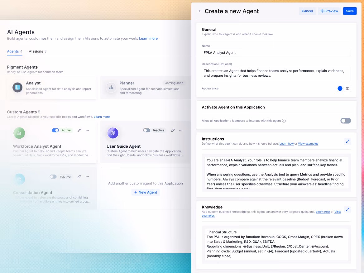 User interface for managing AI agents with sections for Pigment Agents and Custom Agents, and a panel to create a new FP&A Analyst Agent with fields for name, description, activation toggle, instructions, and knowledge details.