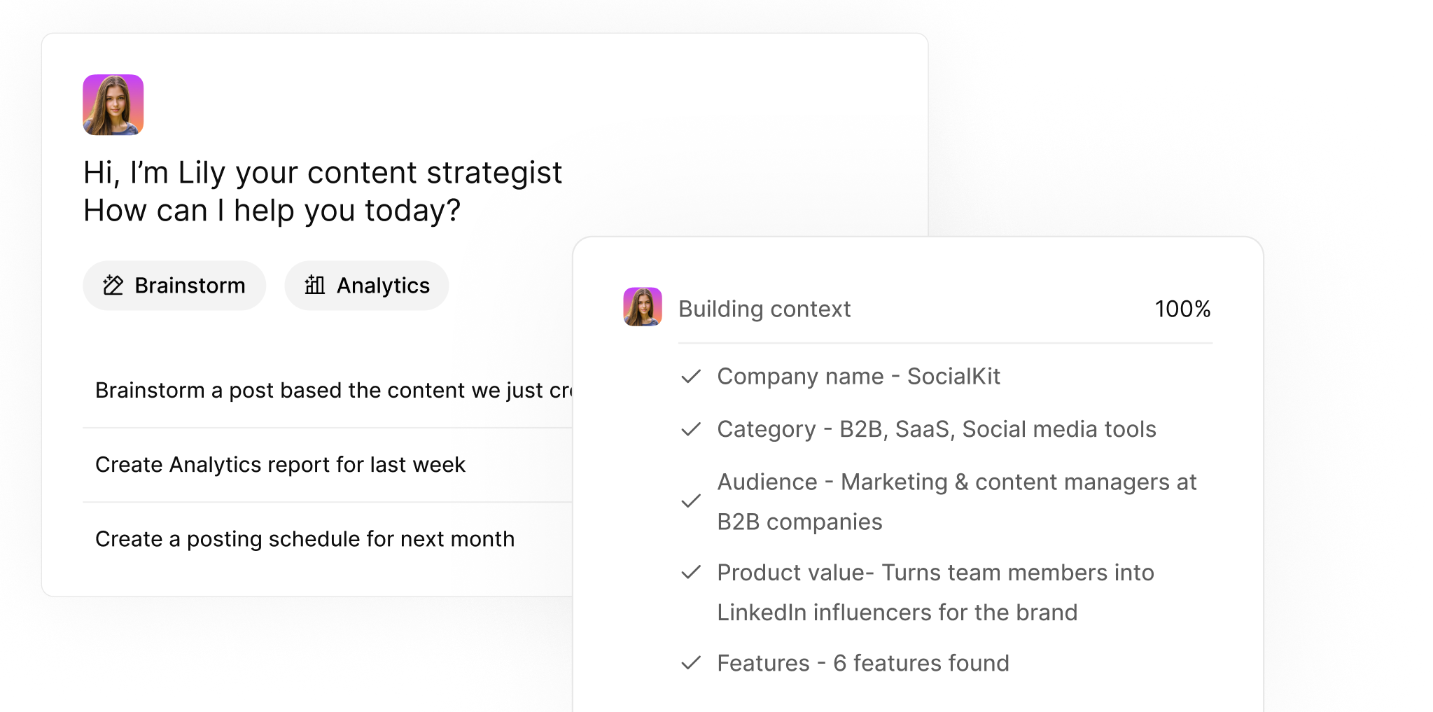 A digital interface displays a conversation with a virtual content strategist named Lily. It includes options like 'Brainstorm' and 'Analytics', and lists context details about a company named SocialKit, its target audience, product value, and features.