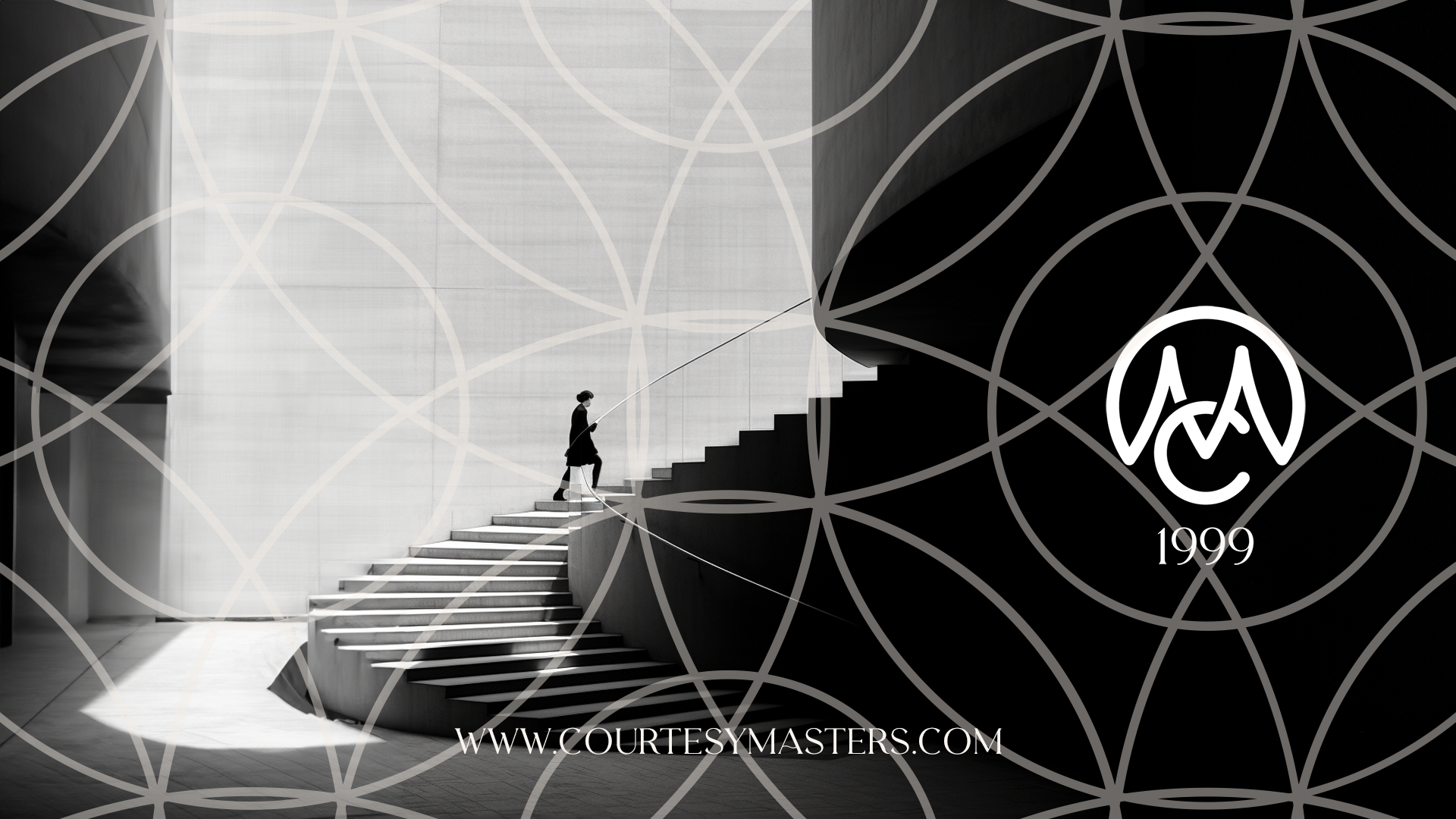 Black and white image of a person ascending a modern curved staircase in a minimalist architectural space.
