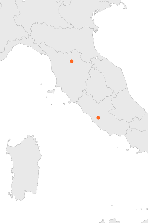 Map of Italy with two orange dots marking locations in the central and southern regions.