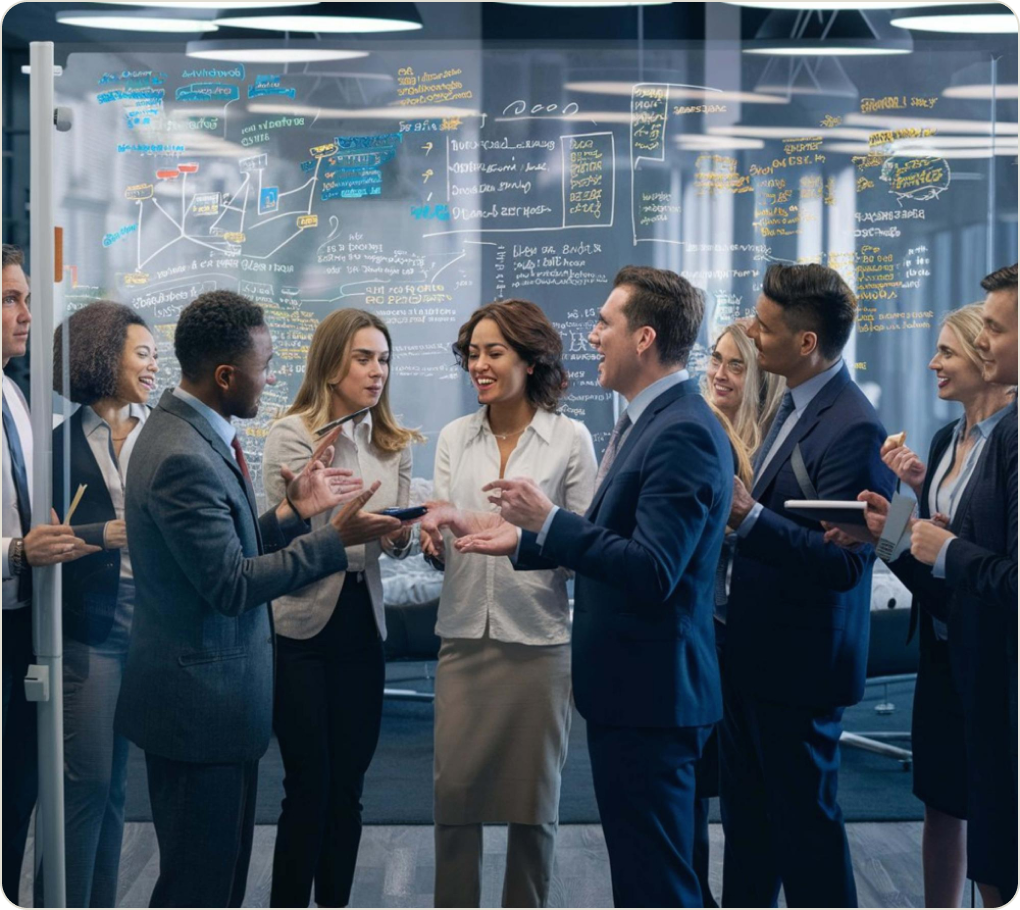 Diverse group of business professionals standing around a transparent glass board with colorful diagrams and notes, engaged in a lively discussion inside a modern office.