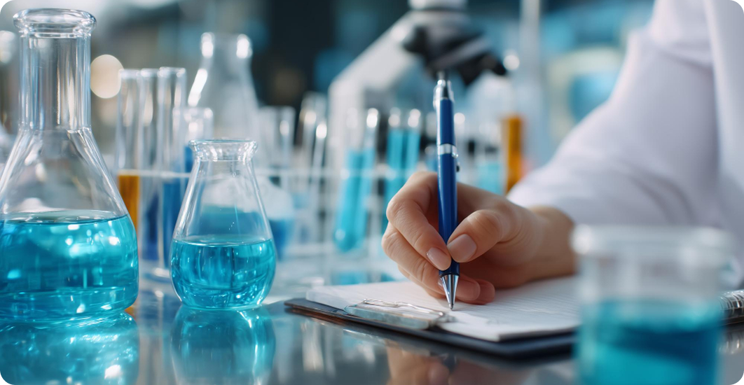 A scientist or researcher writing notes on a clipboard in a lab surrounded by beakers and test tubes containing blue liquid.