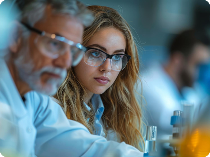 Two scientists wearing safety glasses and lab coats working closely together in a laboratory, with scientific equipment visible around them.