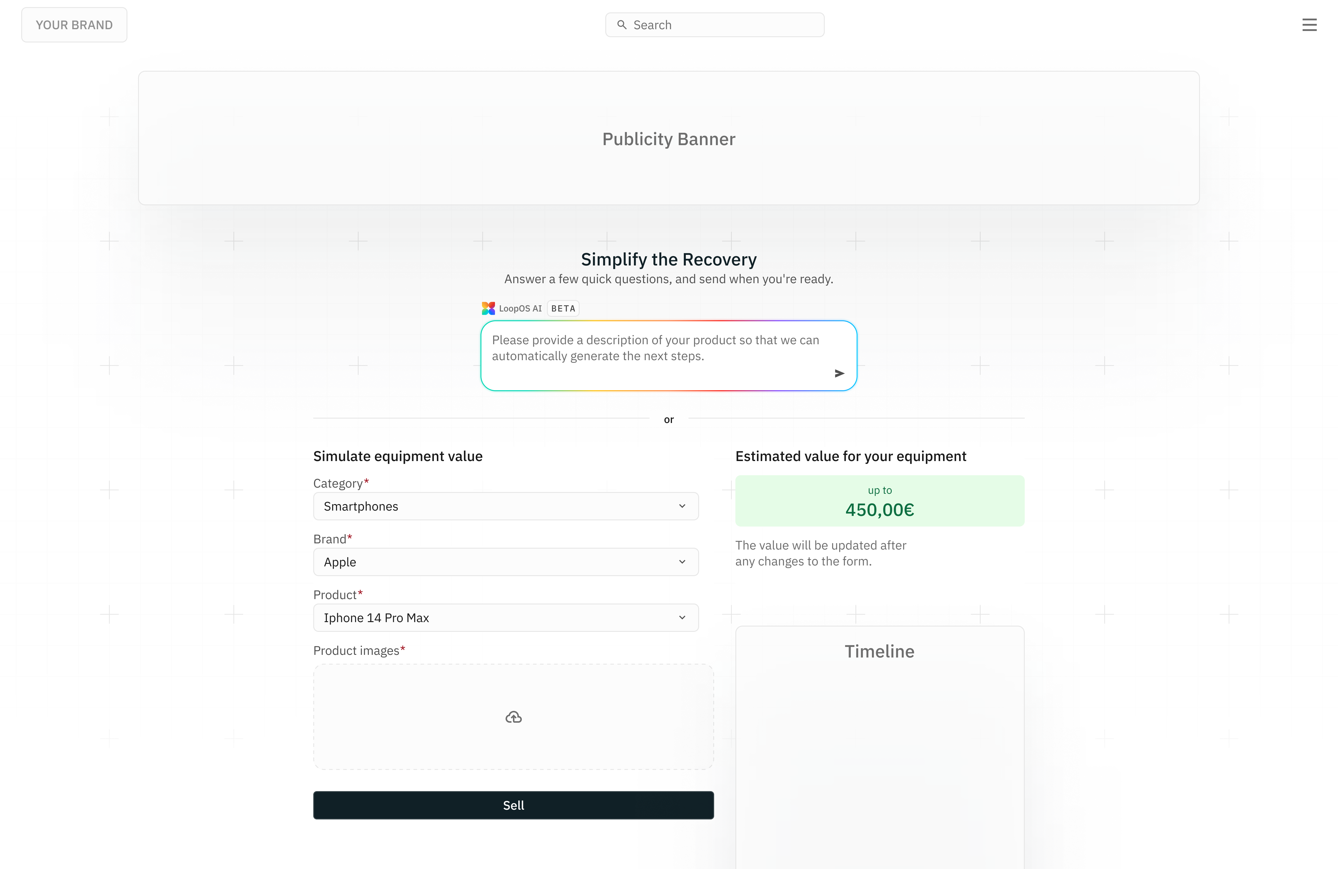 User interface for equipment value simulation with fields for category, brand, product, product images, and estimated value of 450 euros.
