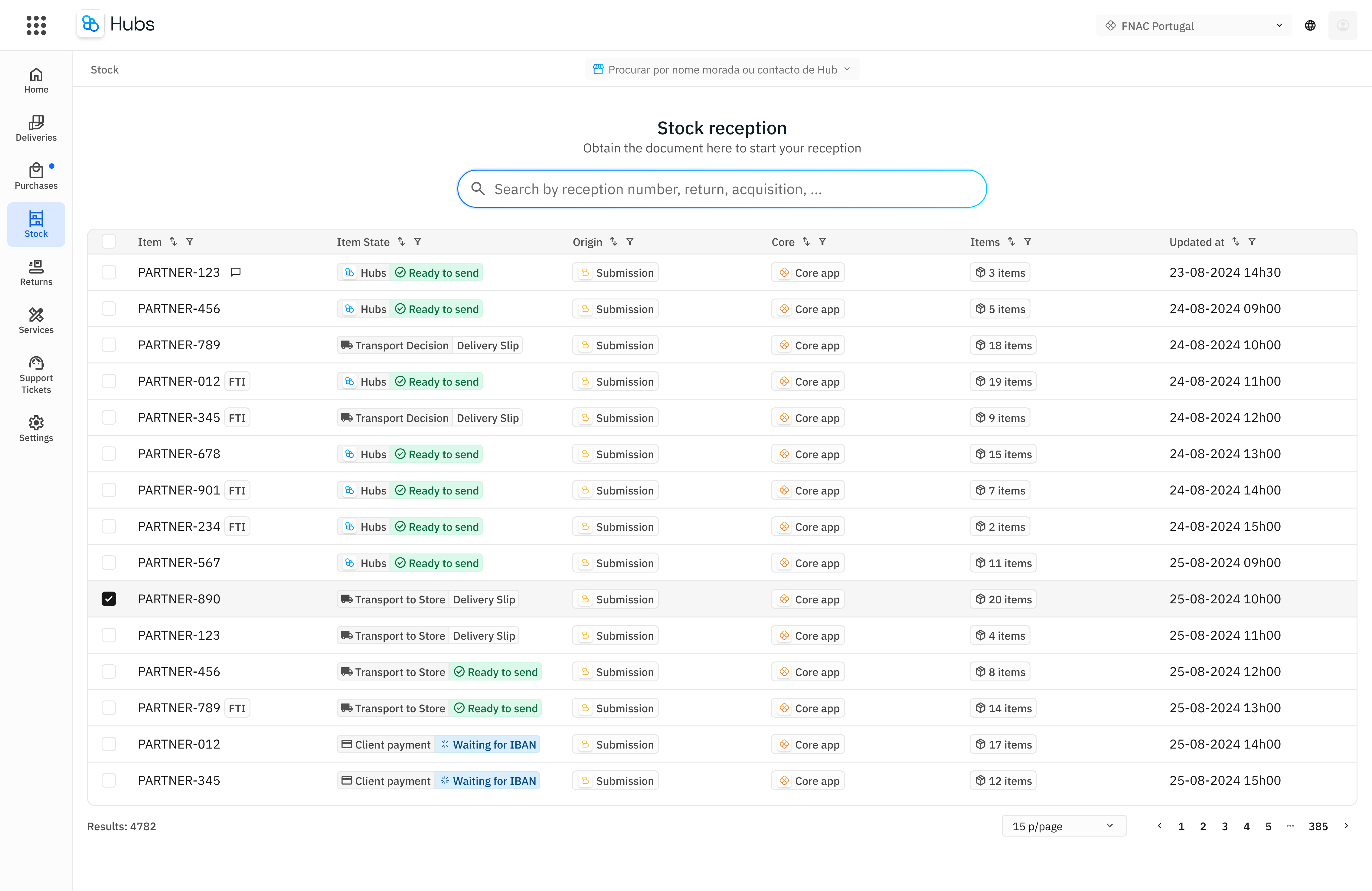 Stock reception interface listing partner items with states such as Ready to send, Transport to Store, and Waiting for IBAN, showing item numbers, origins, core app status, item counts, and update timestamps.