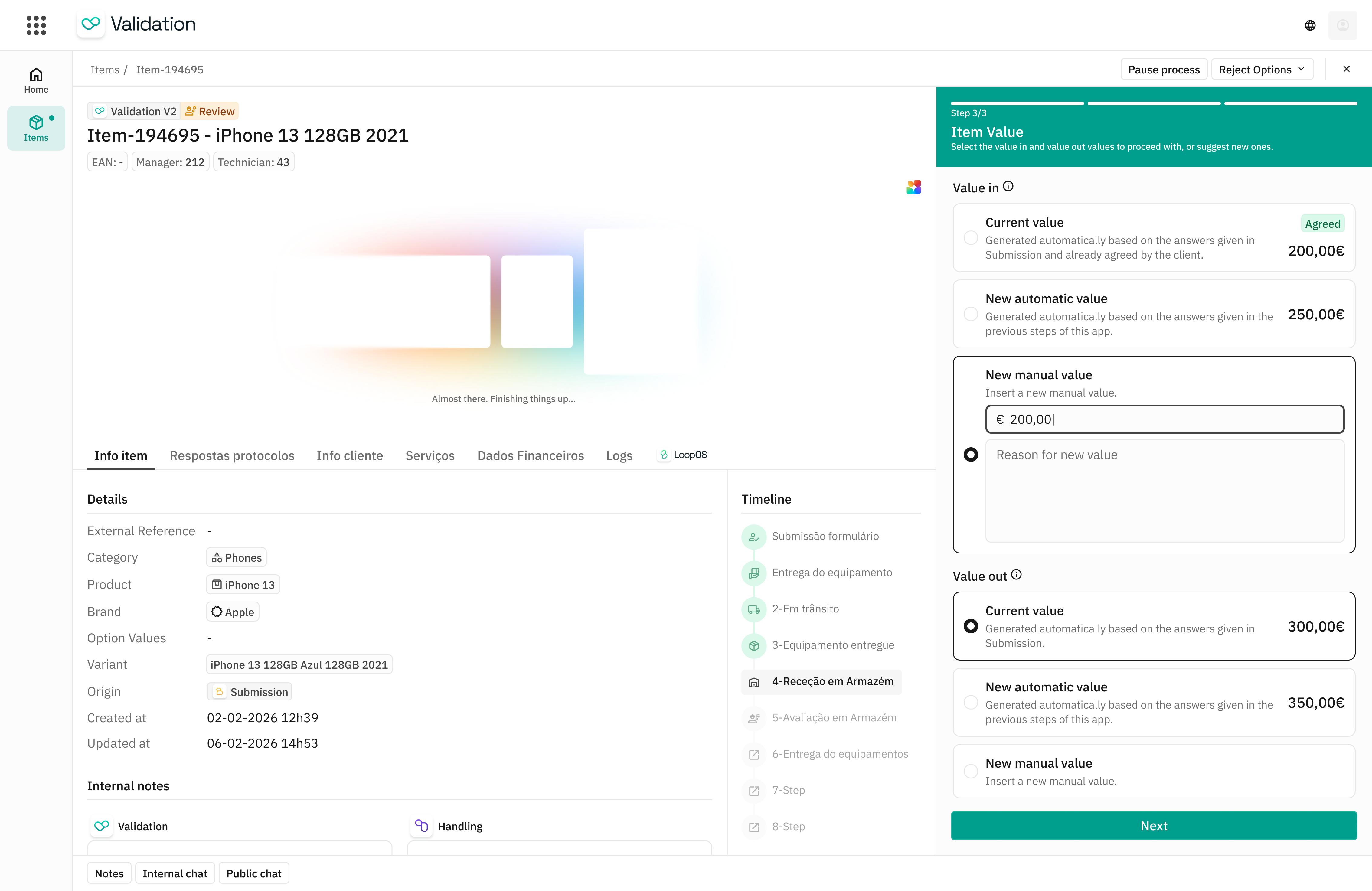 Validation interface showing item details for iPhone 13 128GB 2021 with options to set item value and track timeline steps.