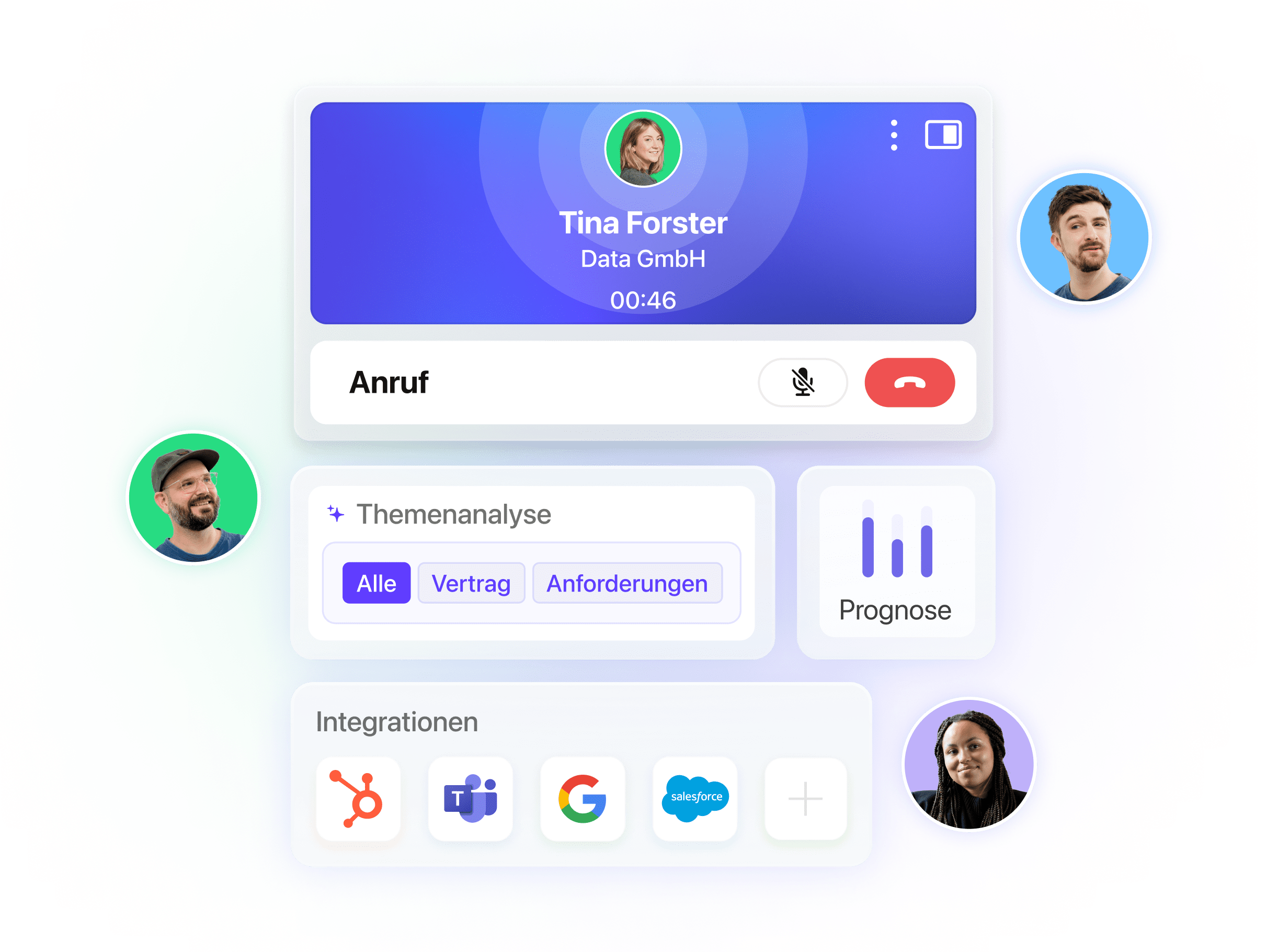 sipgate Dashboard mit aktivem Anruf und Team-Integrationen
