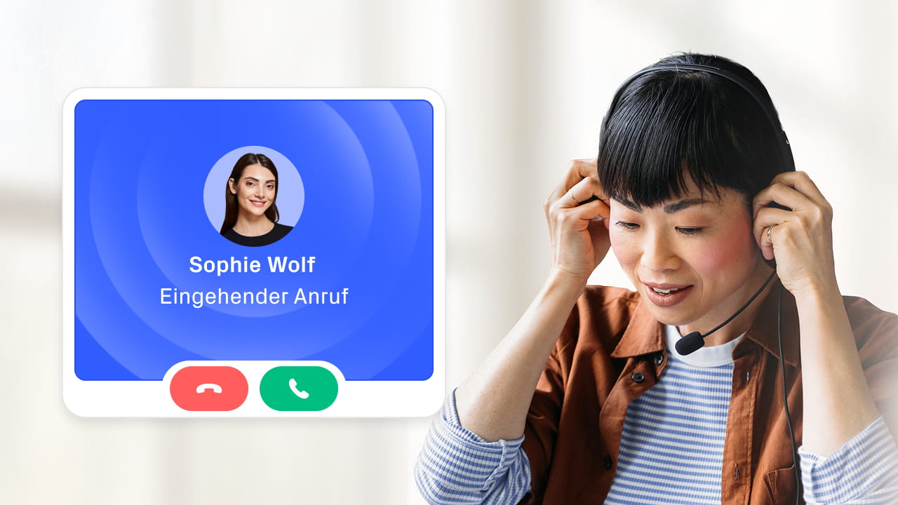 Eine Frau, die sich gerade ein Headset aufgesetzt hat. Dazu der Screen eines eingehenden Anrufs. 