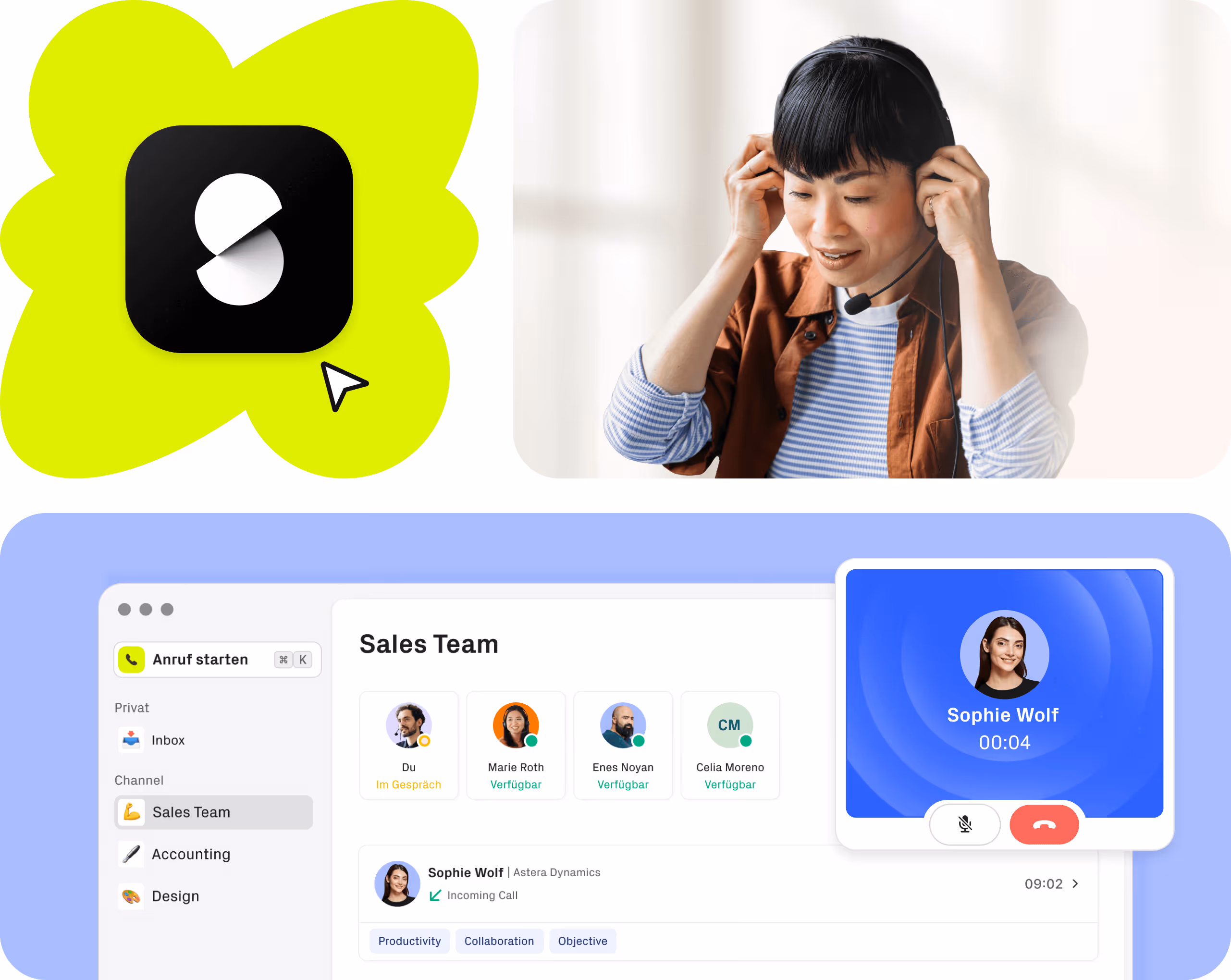 Interface der sipgate App mit verschiedenen Channels, Usern und einem eingehenden Anruf, Foto von Person mit Headset.