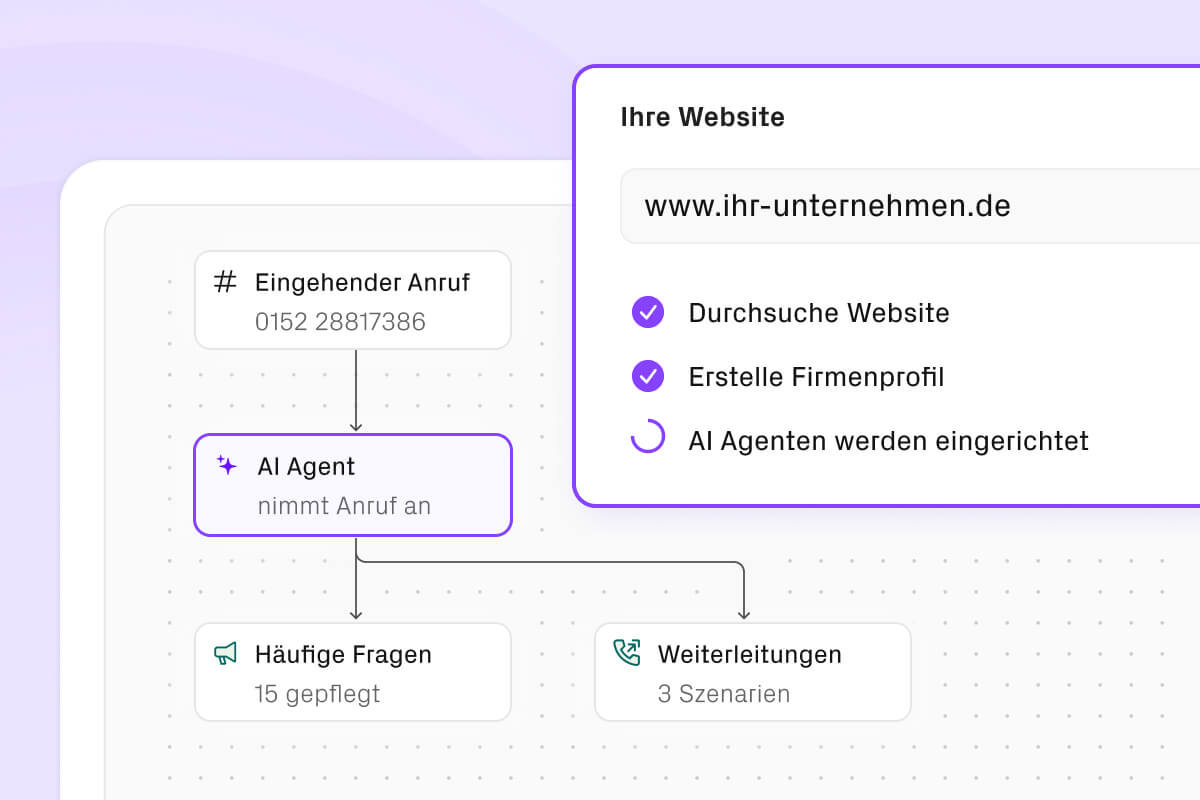 Interface mit Routing eines Anrufs über Frontdesk. Außerdem ein Interface, indem zu sehen ist, wie Frontdesk sich selbstständig einrichtet.