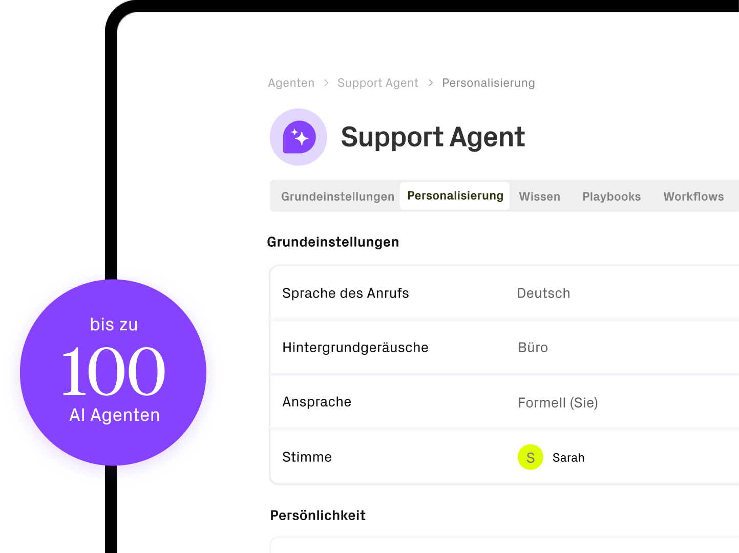 Bild zeigt Interface von der Grundeinstellung des AI-Agenten. Grafischer Hinweis: bis zu 100 AI Agenten.