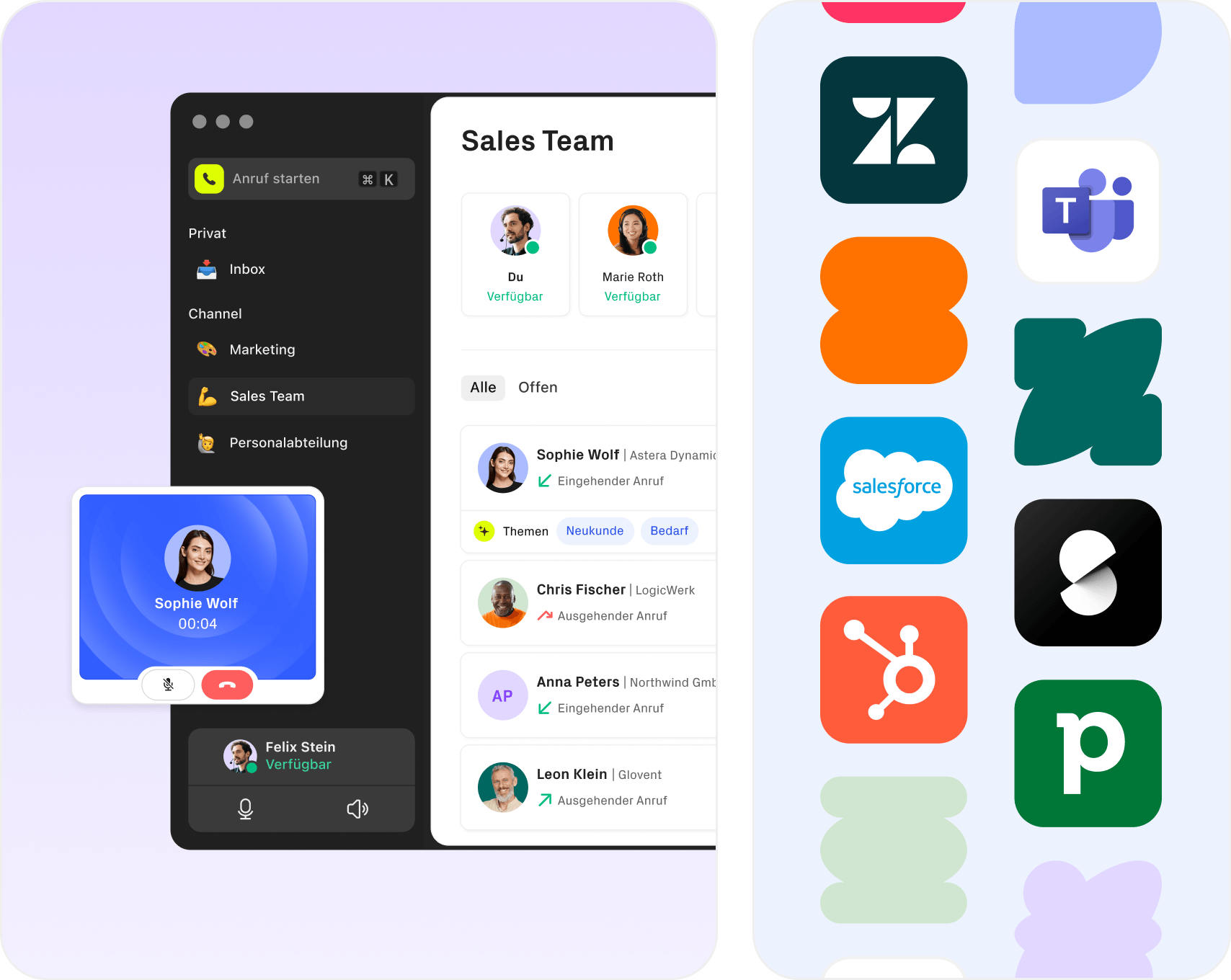 sipgate App mit laufendem Anruf neben Integrationslogos