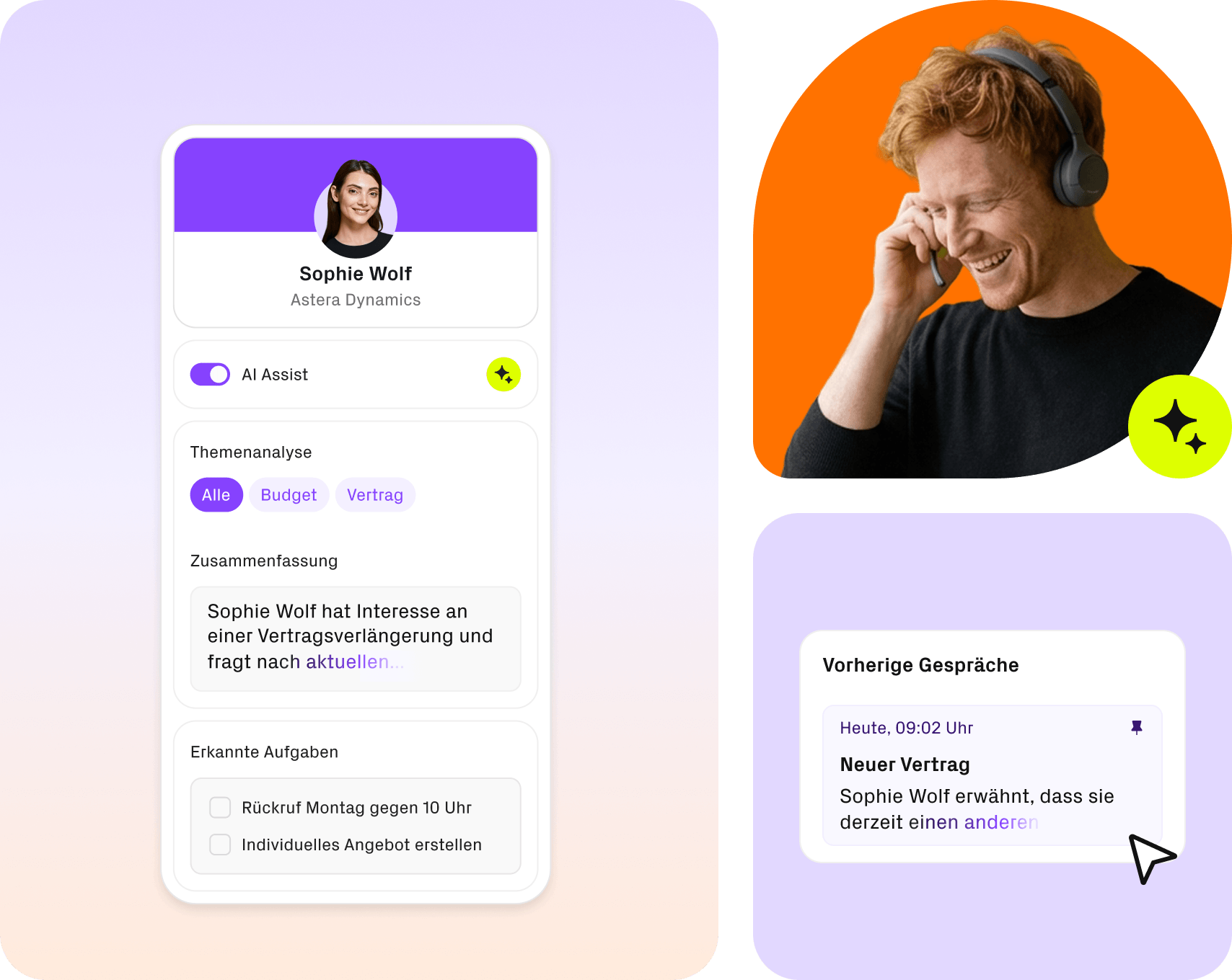 Benutzeroberfläche zeigt AI-Assist mit Themenanalyse, Aufgaben und Gesprächszusammenfassung während des Gesprächs