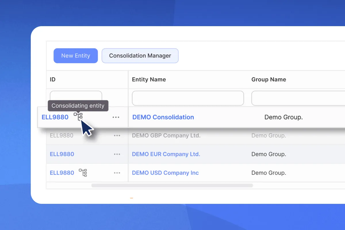 User interface of multi-entity accounting software showing a list of entities with IDs, names, and group names, with a cursor hovering over the consolidating entity icon next to entity ID ELL9880.