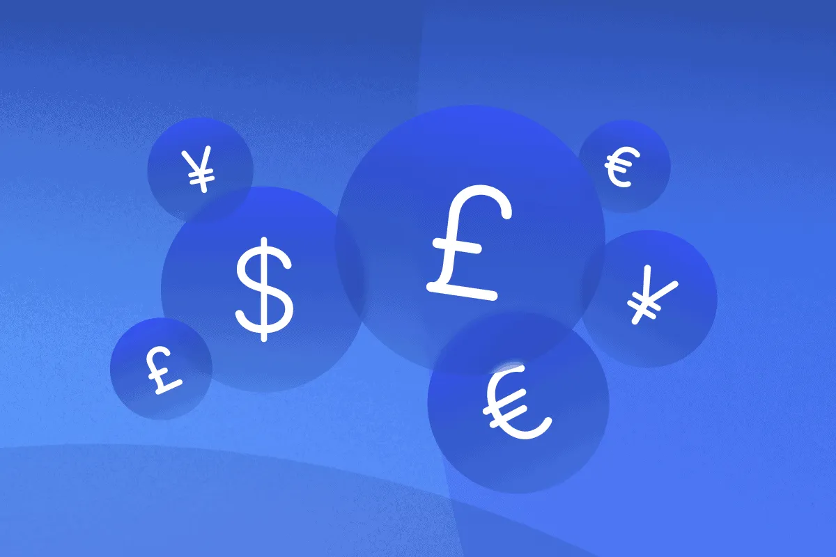 Blue bubbles containing currency symbols including dollar, pound, euro, and yen.