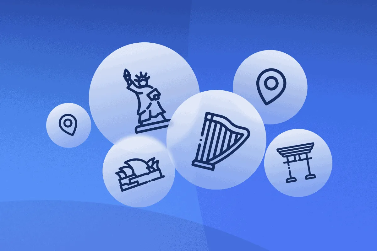 Blue background with transparent circles containing line icons of the Statue of Liberty, Sydney Opera House, a harp, a Japanese torii gate, and location pins.