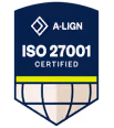A-LIGN ISO 27001 Certified badge featuring a shield with a globe design and blue background.
