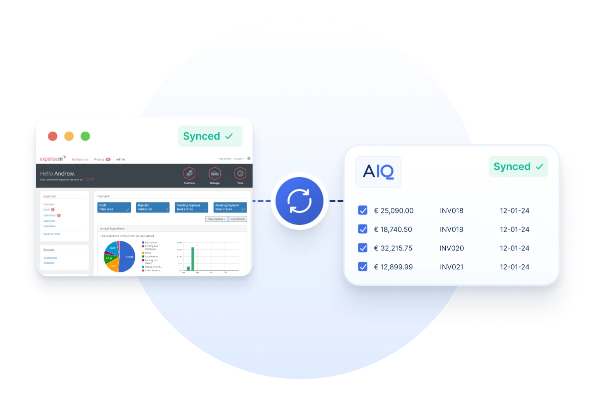 Interface showing expense management dashboard connected to AIQ invoice list with synchronization status.
