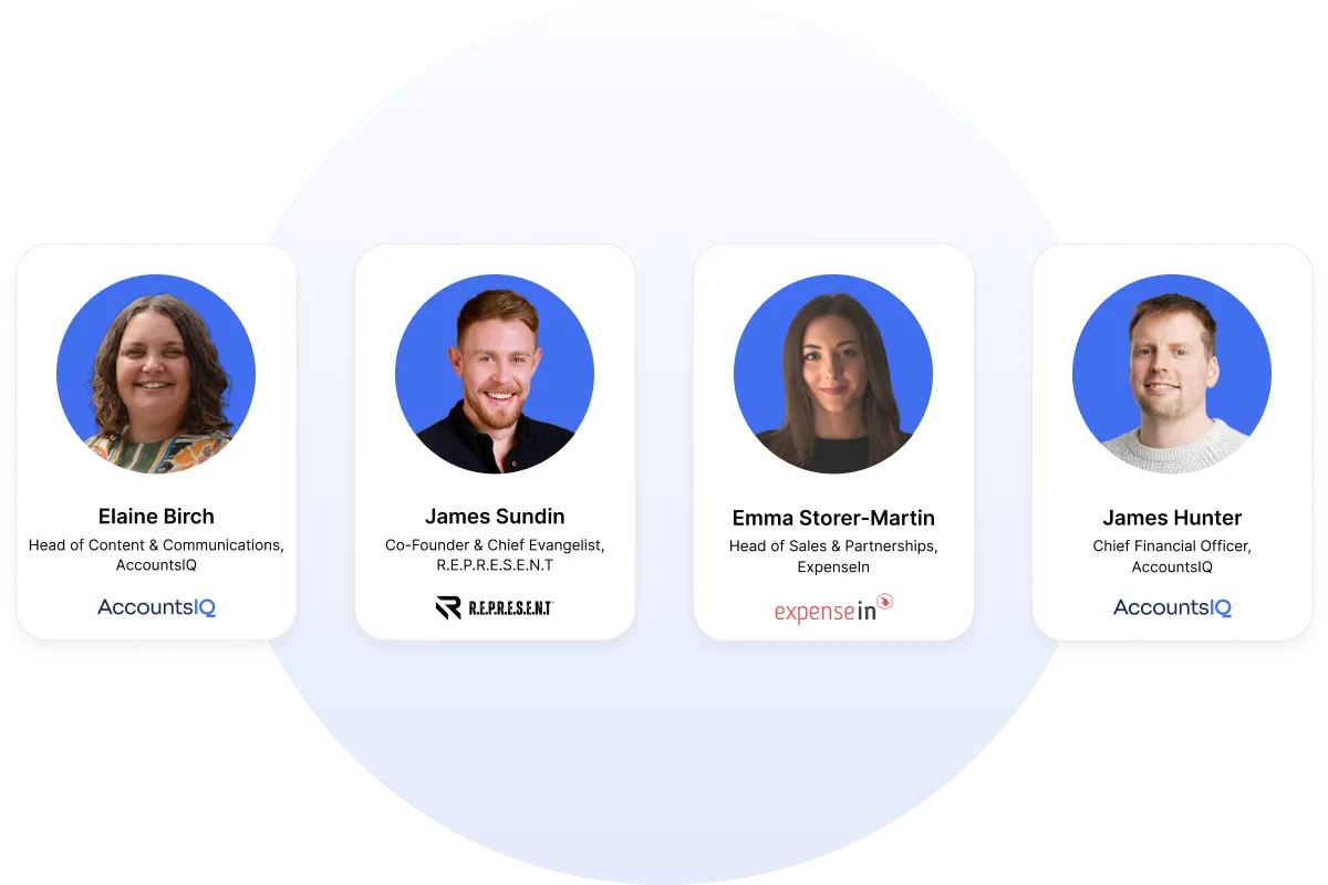 Profile images of the four speakers, Elaine Birch, James Sundin, Emma Storer-Martin, and James Hunter
