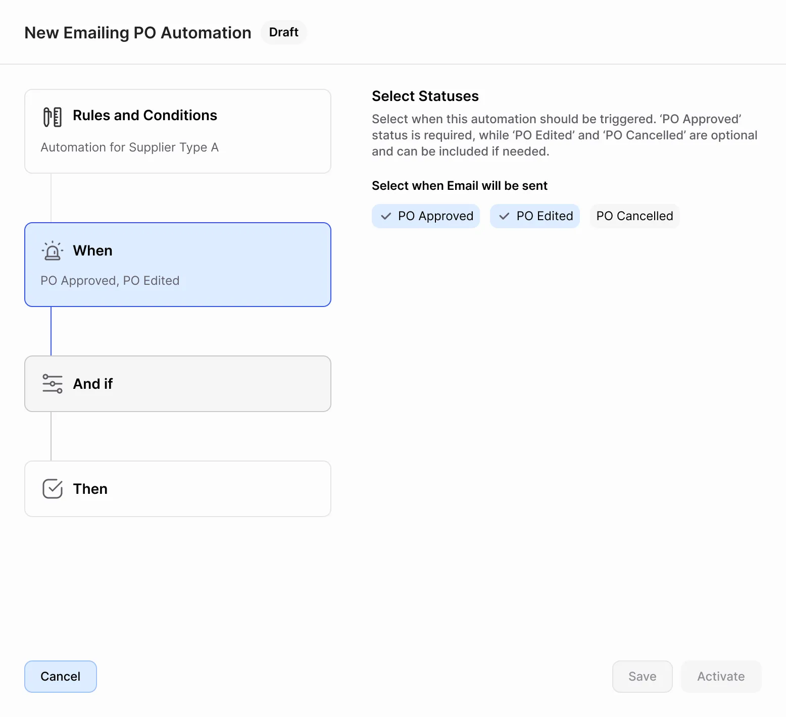 Email automation setup titled 'New Emailing PO Automation' with draft status, showing rule builder steps including 'Rules and Conditions', 'When' with PO Approved and PO Edited selected, and an option panel to select statuses with checkmarks for PO Approved and PO Edited, and options to Cancel, Save, or Activate.