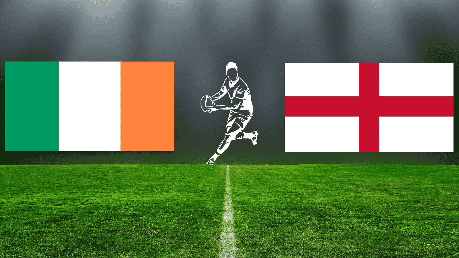 Illustration of a rugby player holding a ball between the flags of Ireland and England on a grassy field.
