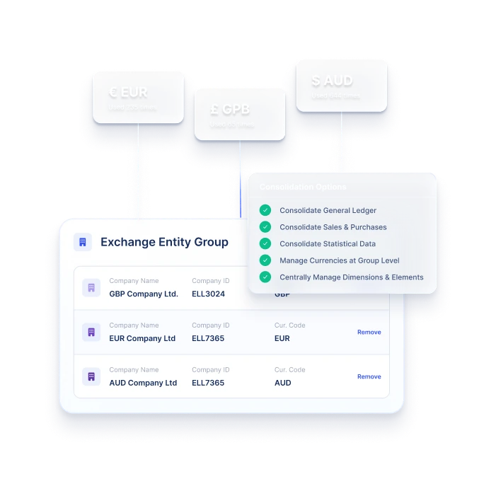 User interface showing Exchange Entity Group with companies GBP, EUR, AUD and consolidation options listed.