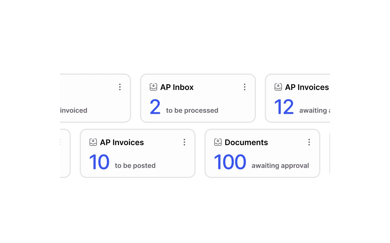 Dashboard showing AP Inbox with 2 to process and AP Invoices with 10 to post plus 100 Documents awaiting approval.