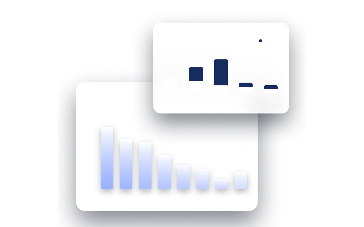 Two overlapping bar charts showing various category values in blue and white bars.