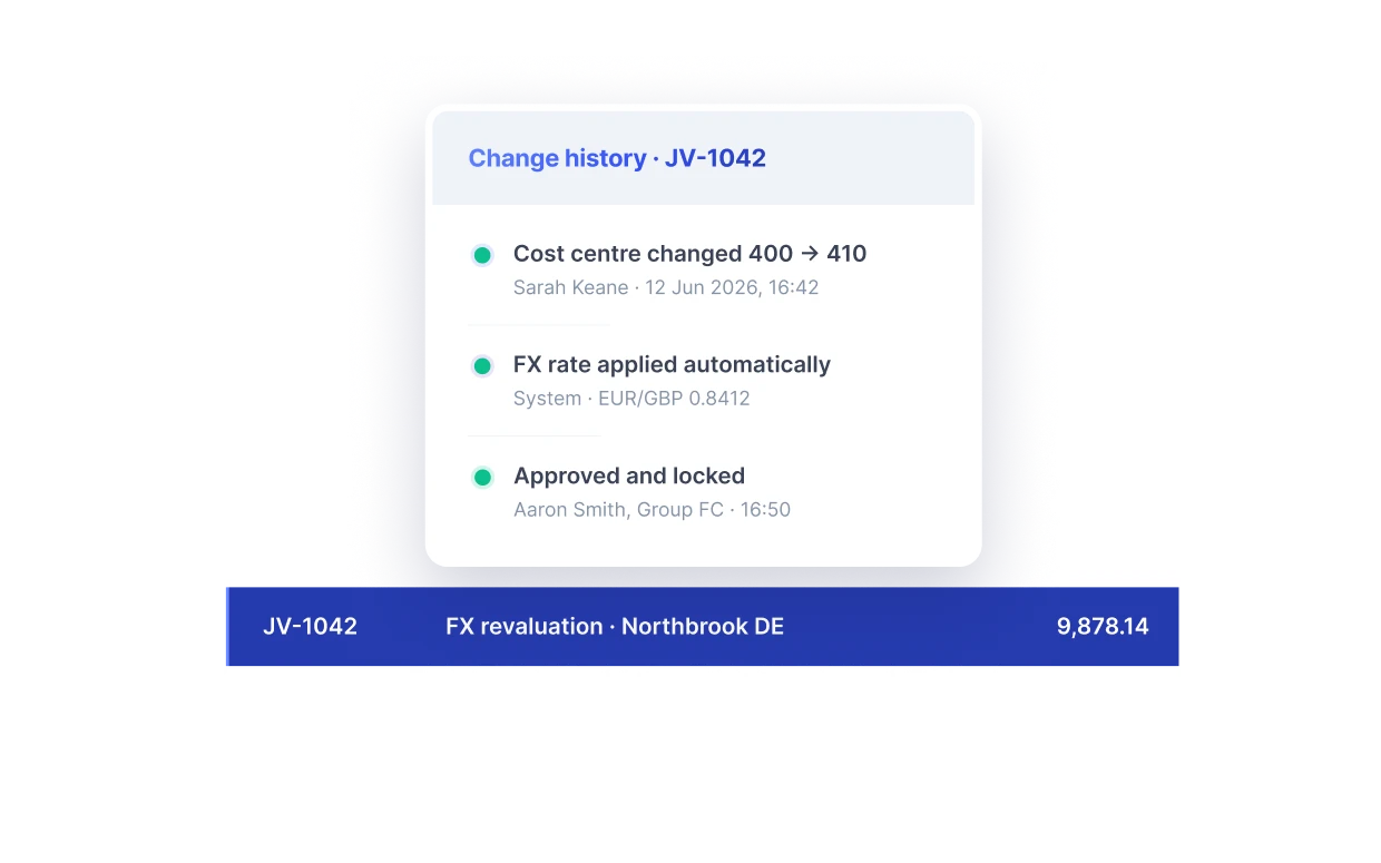 Change history for JV-1042 showing cost centre change, FX rate applied, and approval with timestamps.