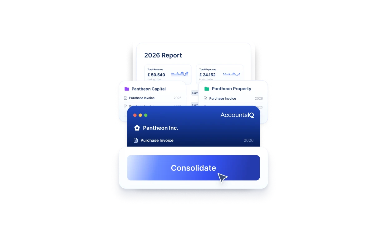 Interface showing financial reports and invoices with a blue button labelled Consolidate clicked by a cursor.