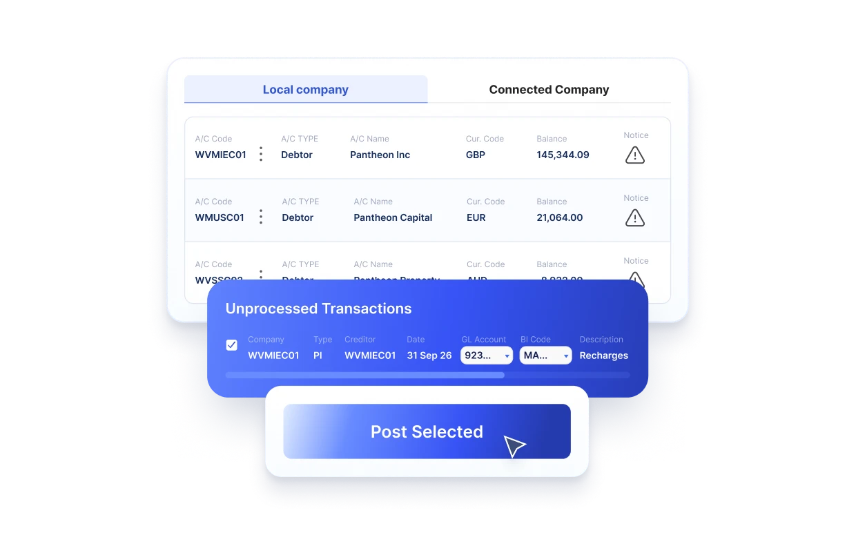 Accounting interface showing local company accounts and unprocessed transactions with a Post Selected button.