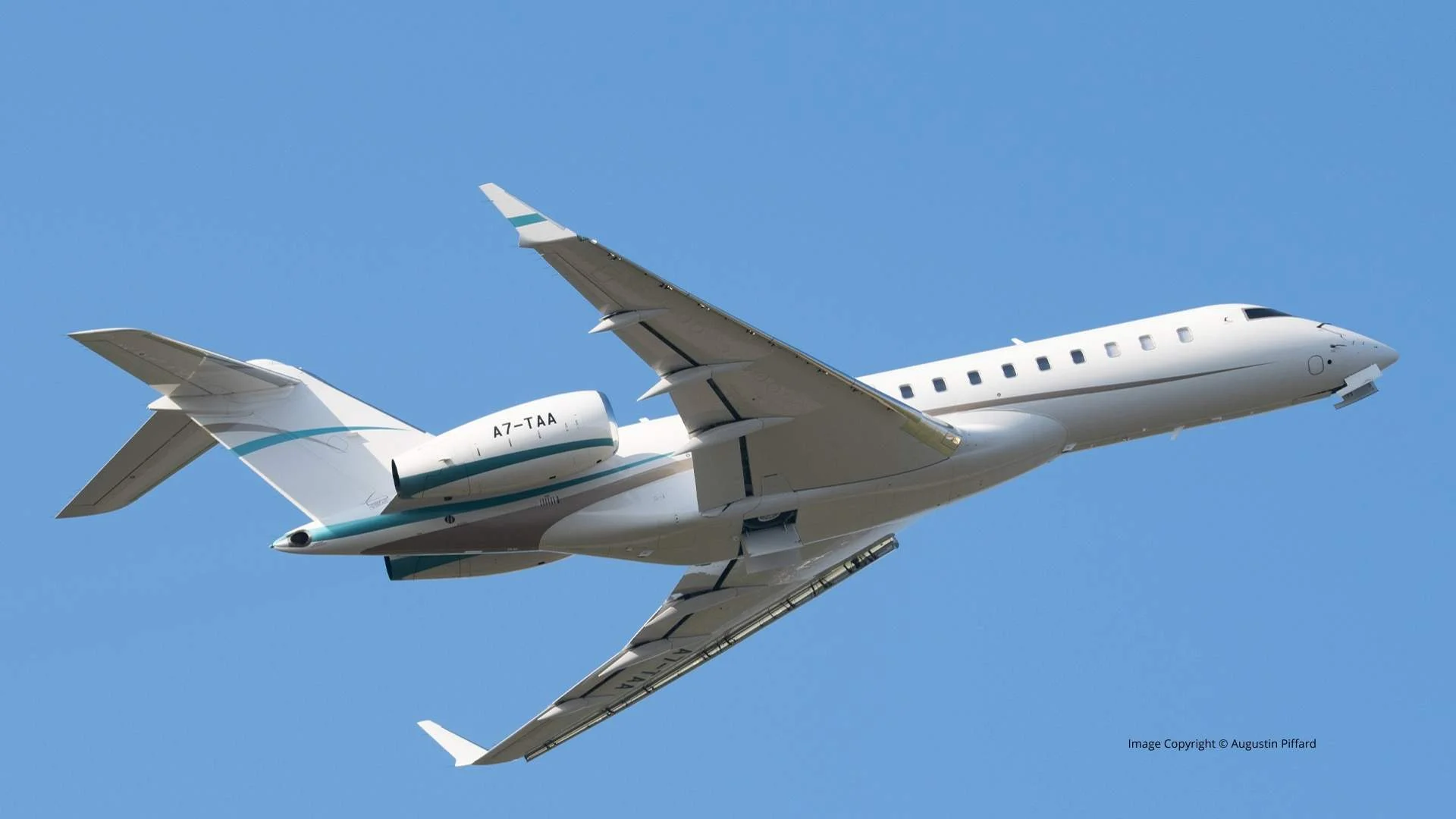 Bombardier Global 6000 ultra-long-range private jet in flight, side view, business aviation aircraft.