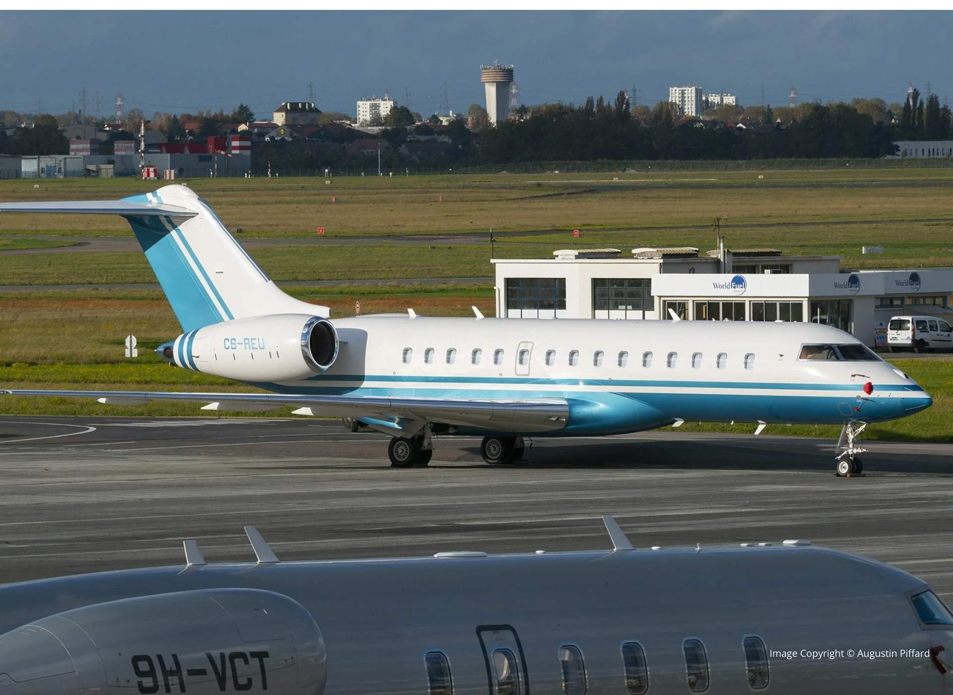Bombardier Global 6000 private jet parked on the tarmac, side view, business aviation aircraft.