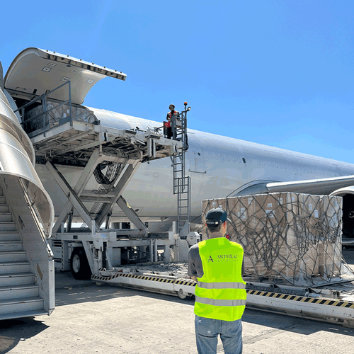 Aircraft cargo loading operation on tarmac with air freight pallets and ground logistics team