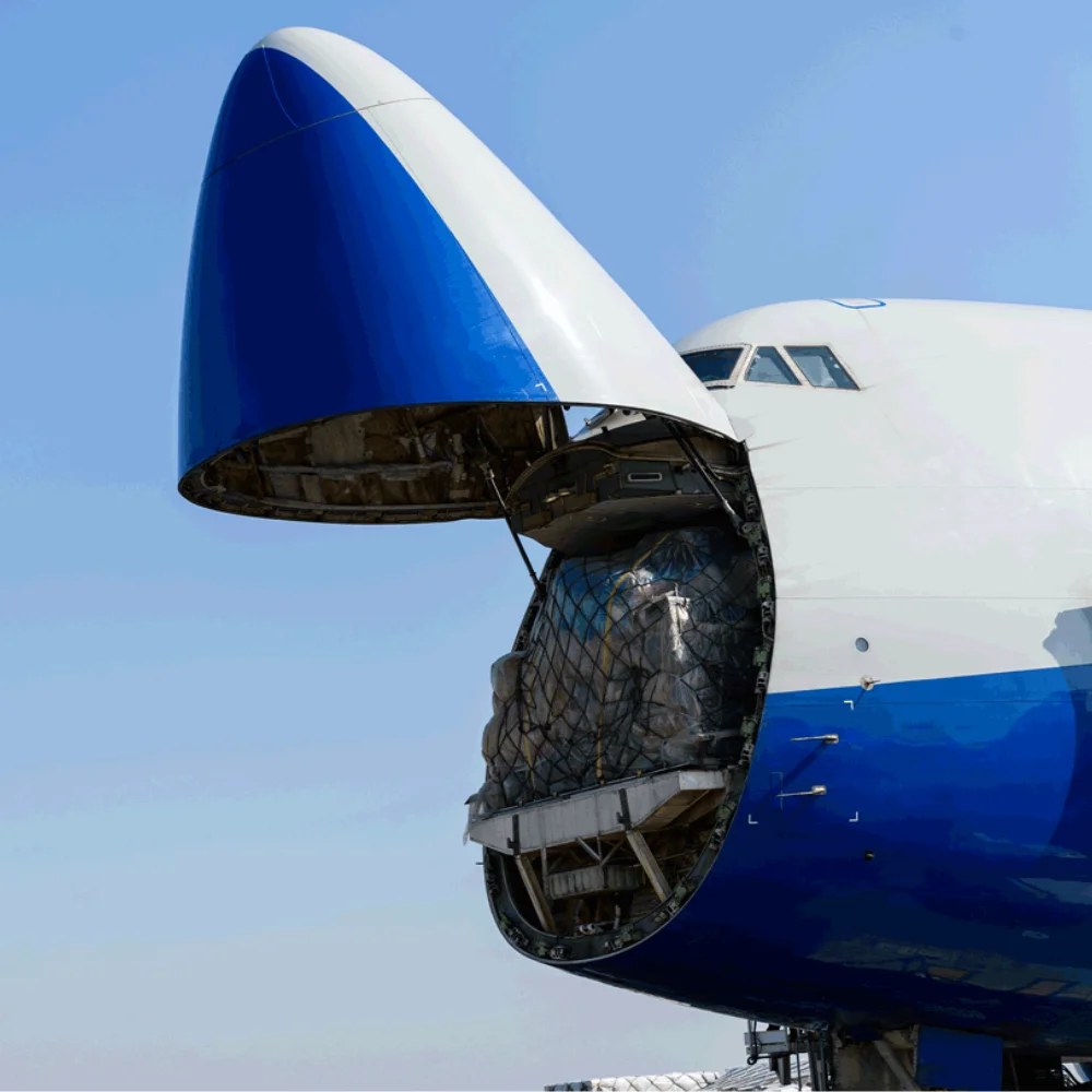 Open nose cargo door of a Boeing 747 Freighter during loading operations