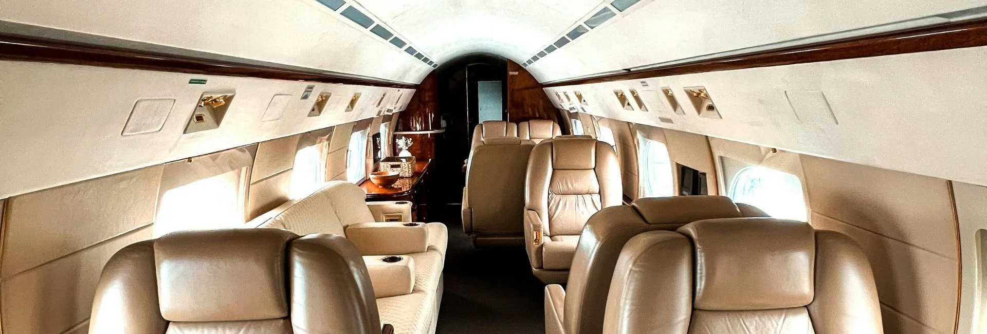 Cabine intérieure de jet privé haut de gamme avec sièges en cuir et aménagement de luxe