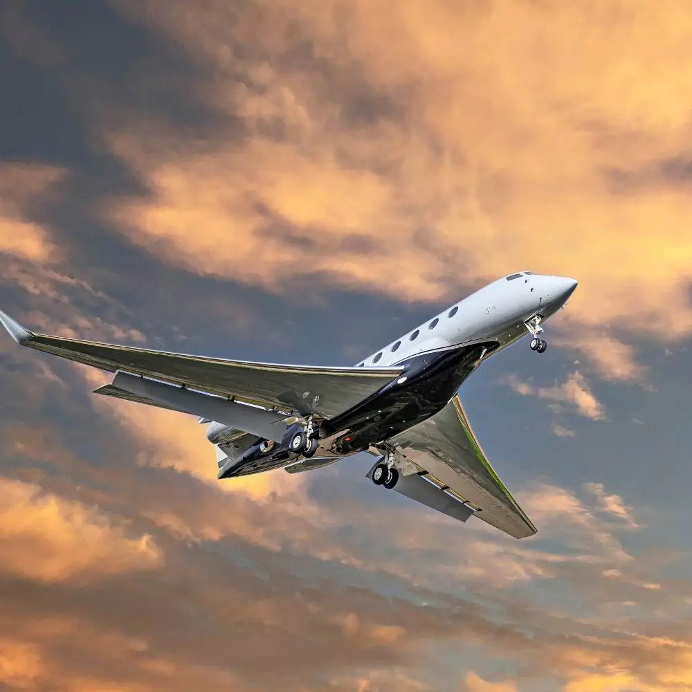 Private jet takeoff sunset sky – Cannes Festival charter flight Artheau Aviation