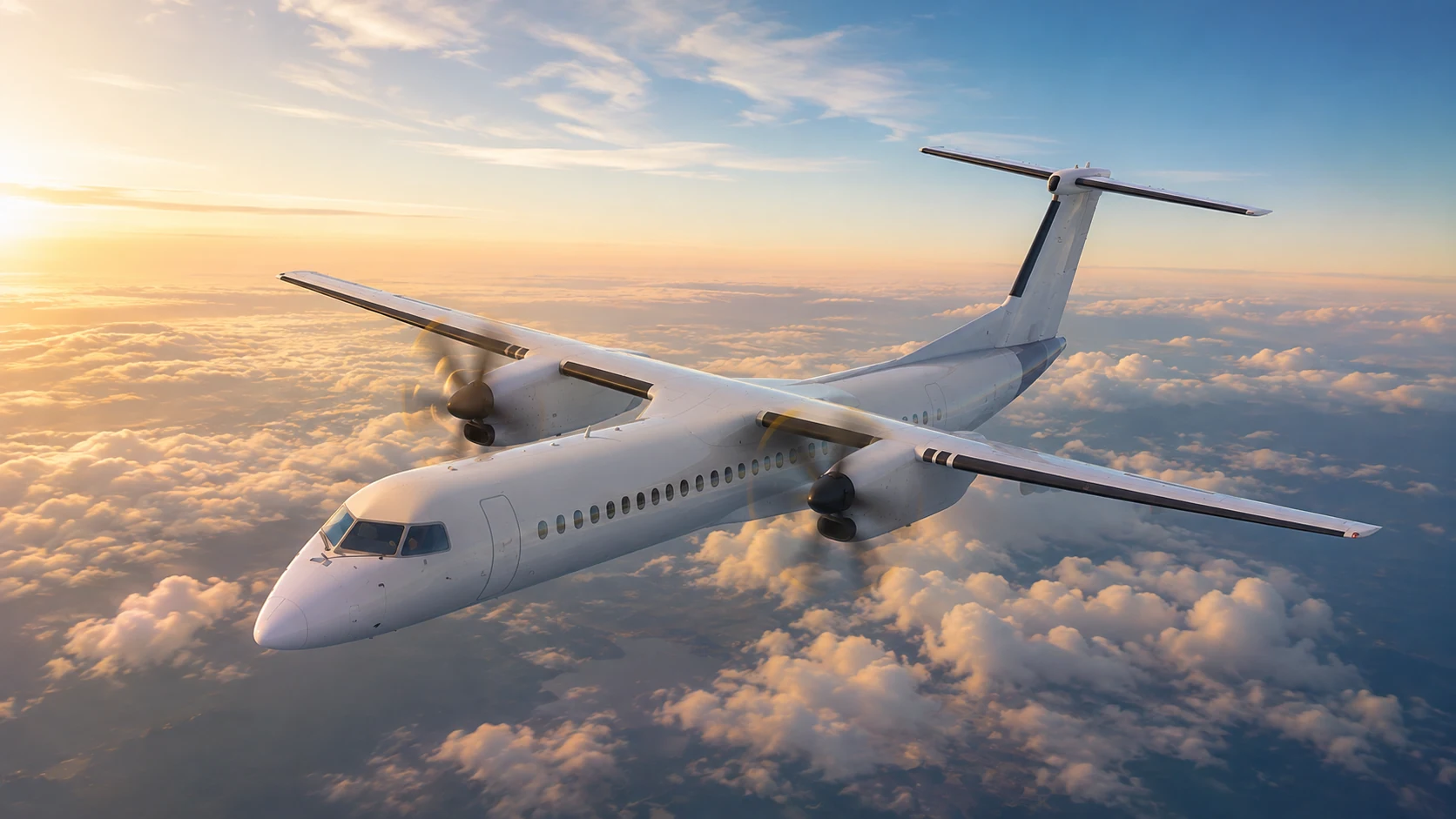 Dash 8 Q400 aircraft descending above clouds with mountains and a lake below