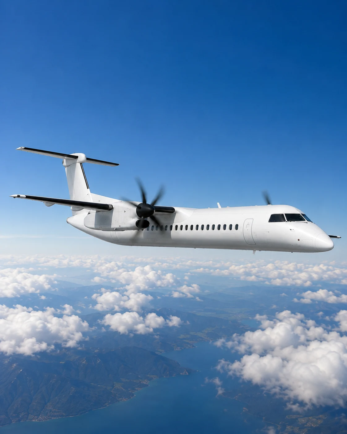 Dash 8 Q400 aircraft banking in flight above clouds at sunset